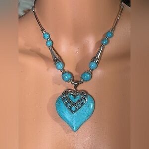 Boho Turquoise and Silver heart necklace